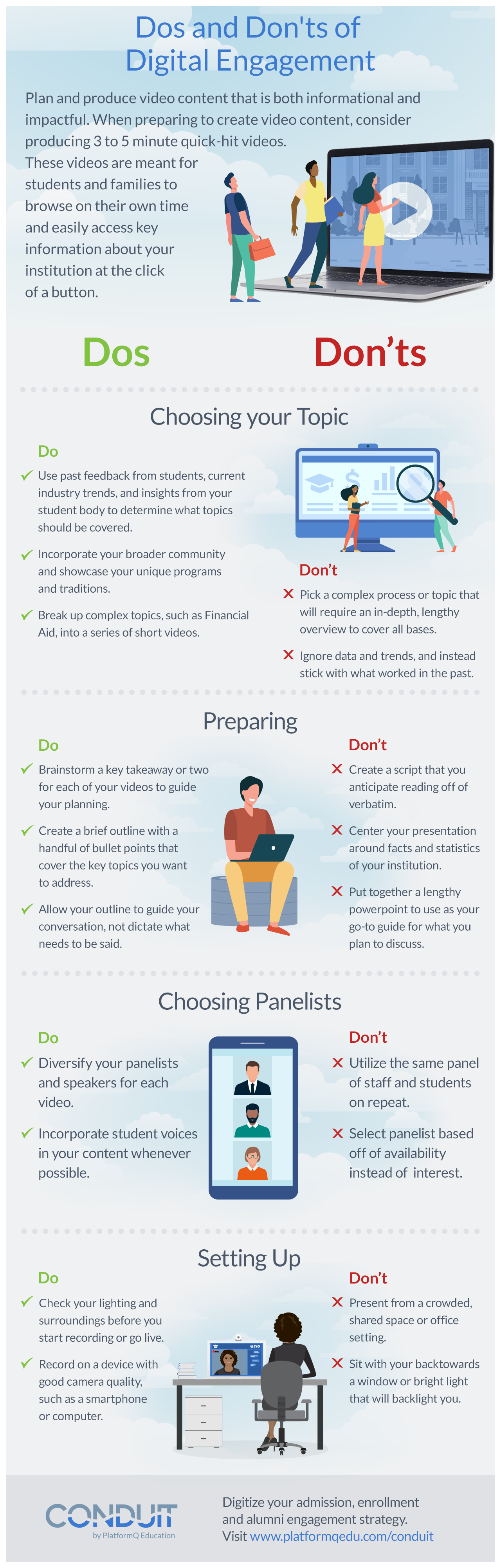 Infographic detailing dos and don'ts of digital engagement, including choosing your topic, preparing, choosing panelists, and setting up. Summary of dos and don'ts for each topic can be found in the blog content below the image.