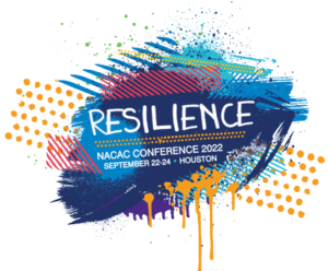 NACAC conference logo with abstract art in the background. Text that reads RESILIENCE, NACAC Conference 2022, September 22-24 - Houston