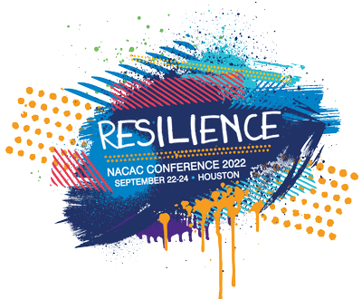 NACAC conference logo with abstract art in the background. Text that reads RESILIENCE, NACAC Conference 2022, September 22-24 - Houston