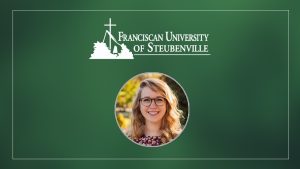 Franciscan University of Steubenville logo and headshot of the subject of the interview, Corinne Purcell